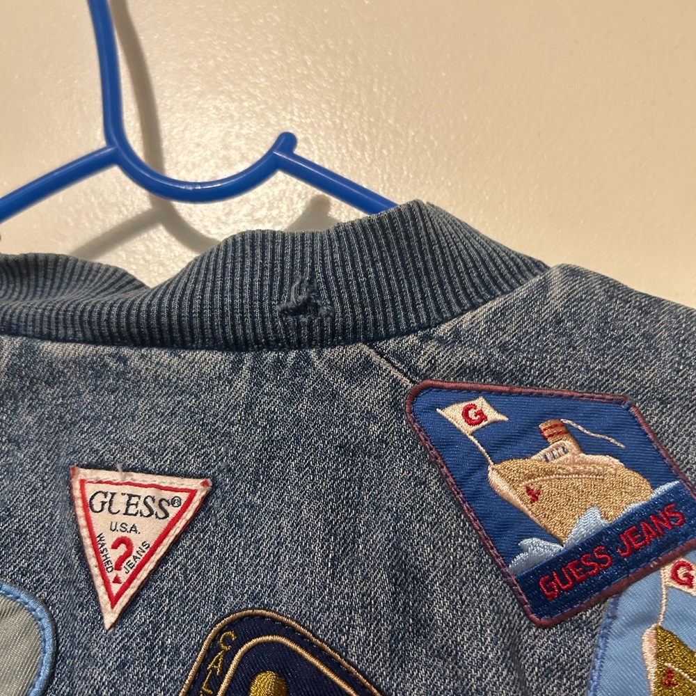 Vintage GUESS Blue Denim Patchwork Jacket S Asymmetrical Bomber - Picture 7 of 12